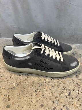 Saint Laurent Gray Suede Low-Top Sneakers with Cream Laces